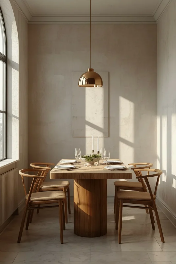 Small dining room with warm white limewash walls and wooden furniture
