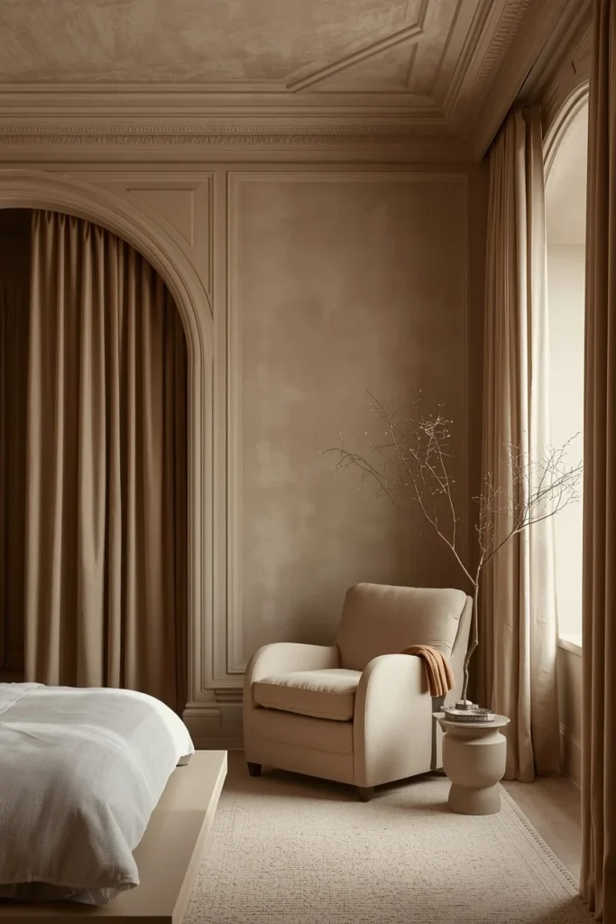 Limewashed plaster creates soft textured bedroom ceilings