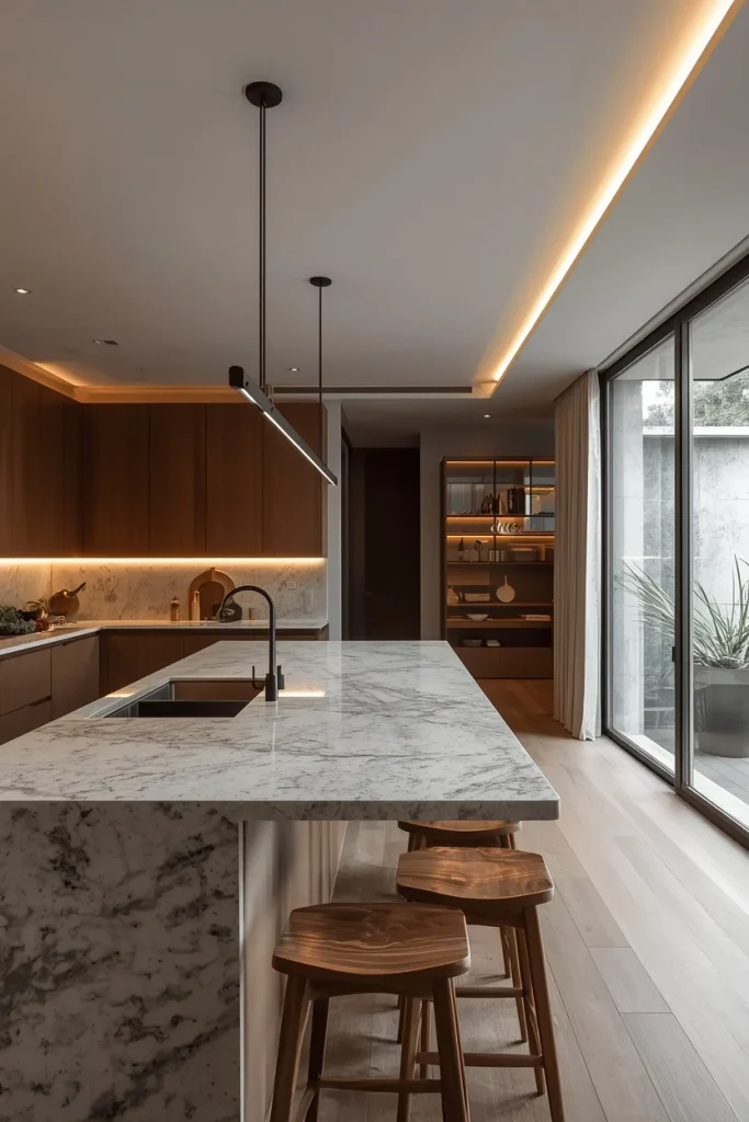 Slim linear light fixture above a long kitchen island