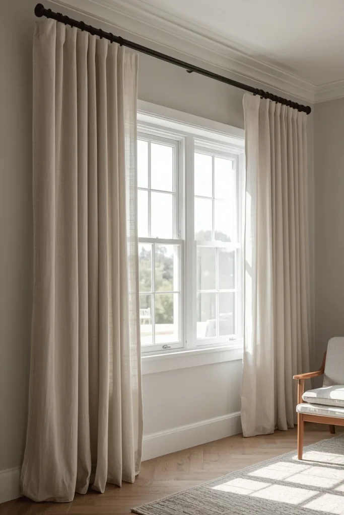 Tall linen curtains hanging from ceiling in a farmhouse living room