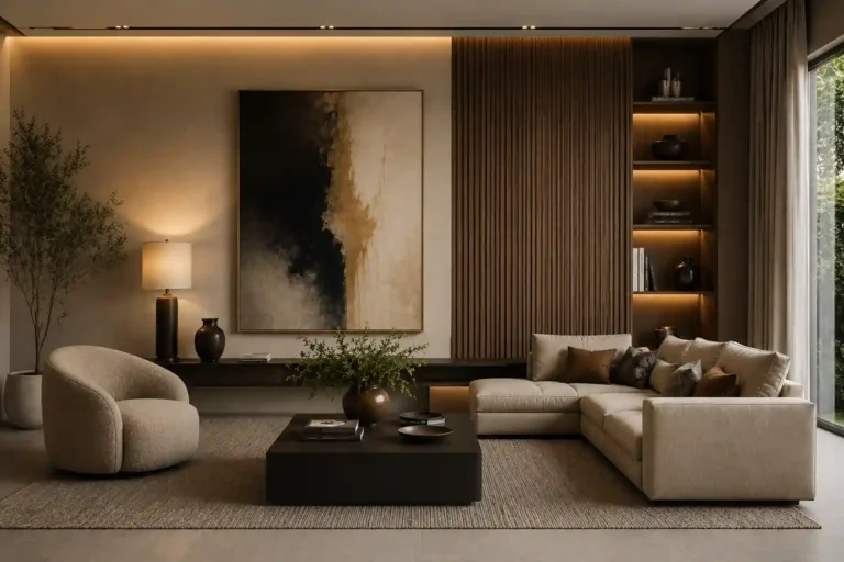 Trailing plants styled on shelves against living room wall