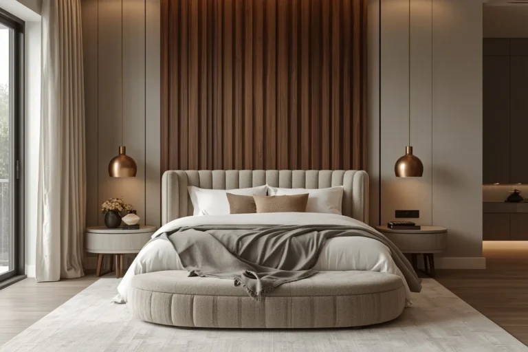 Luxury bedroom with elegant modern furniture and textures