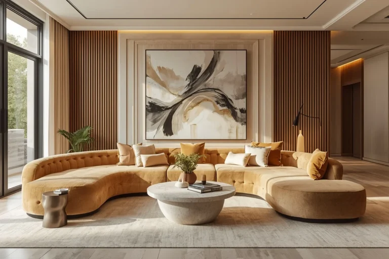Luxury living room blending comfort elegance with warm textures