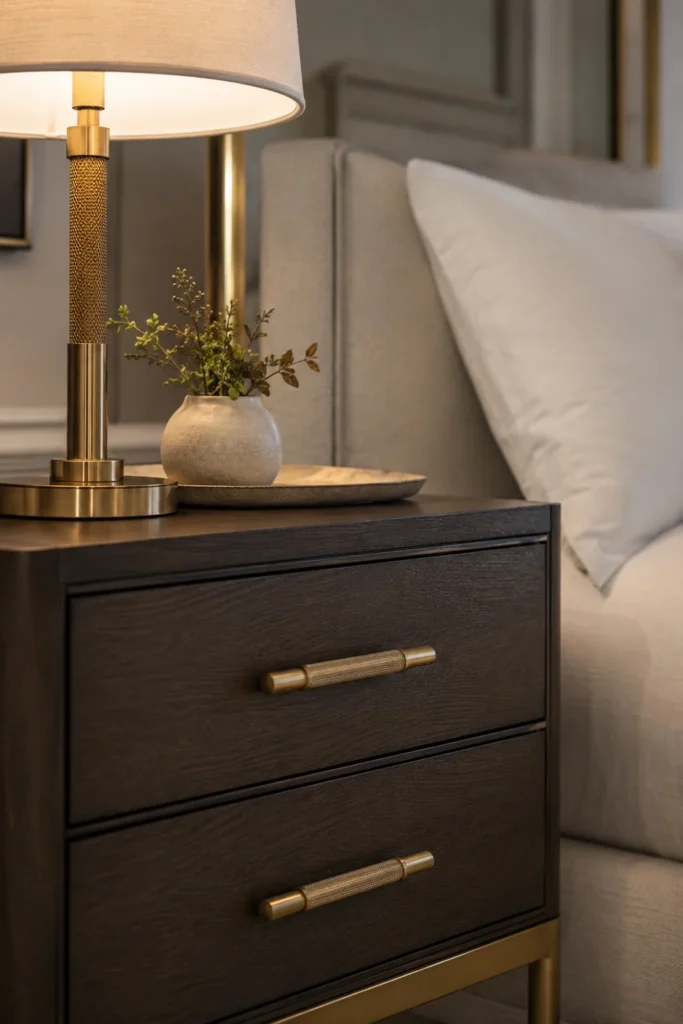 Modern bedroom with matching brushed brass hardware and lighting