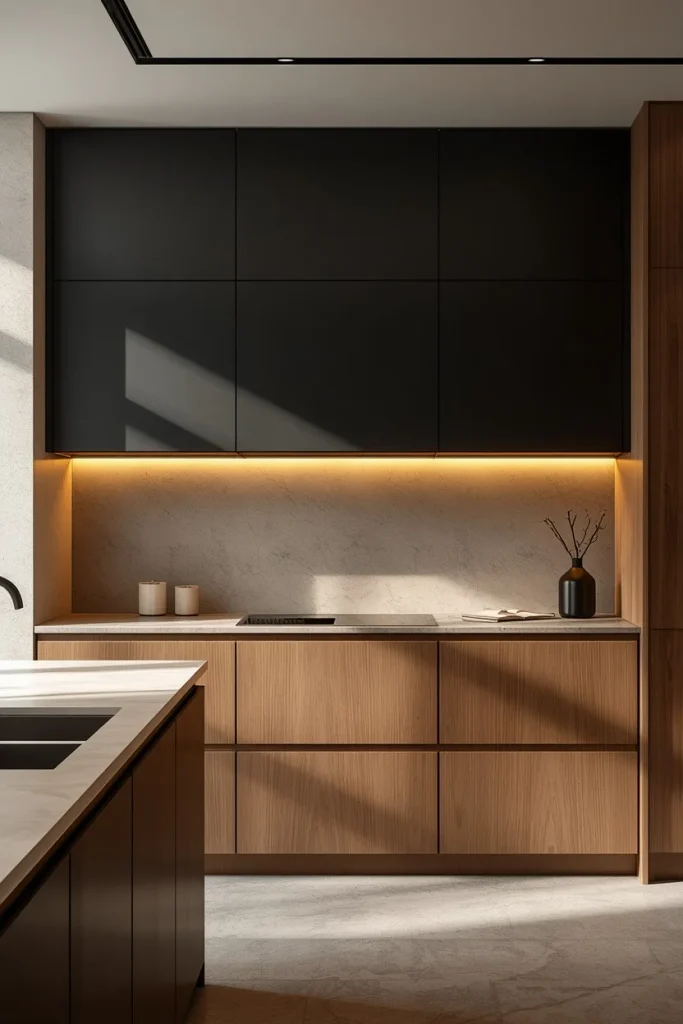 Matte black upper cabinets with warm oak lowers
