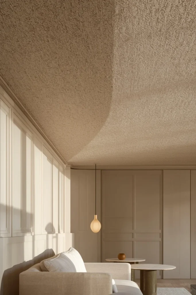 Micro-cement ceiling panel with refined textured finish. 