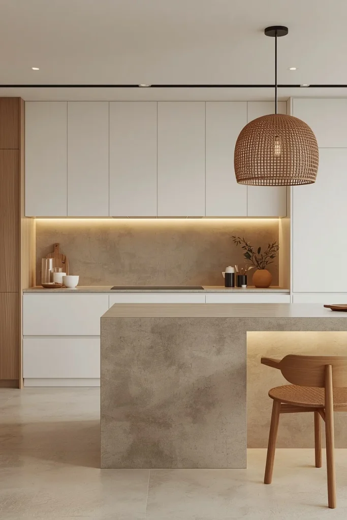 Smooth microcement backsplash with white kitchen cabinets