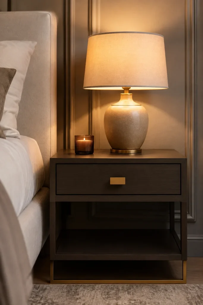 Simple modern nightstand with lamp and minimal decorative accents