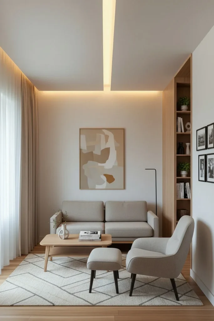 Minimalist linear ceiling groove with warm hidden lighting. 