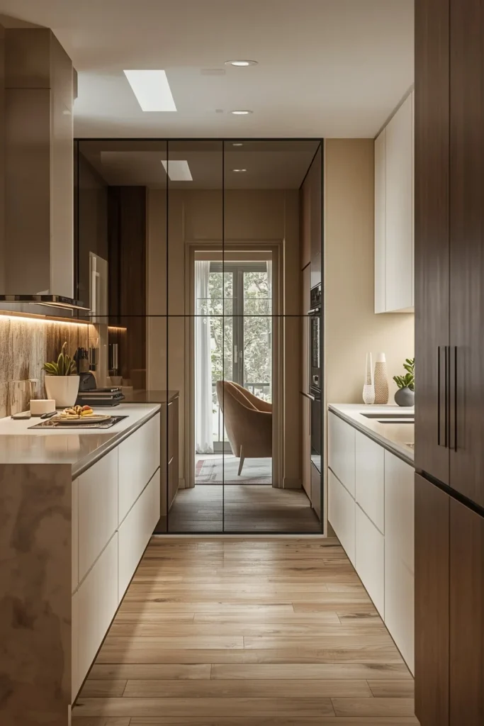 Mirror feature making a narrow galley kitchen larger