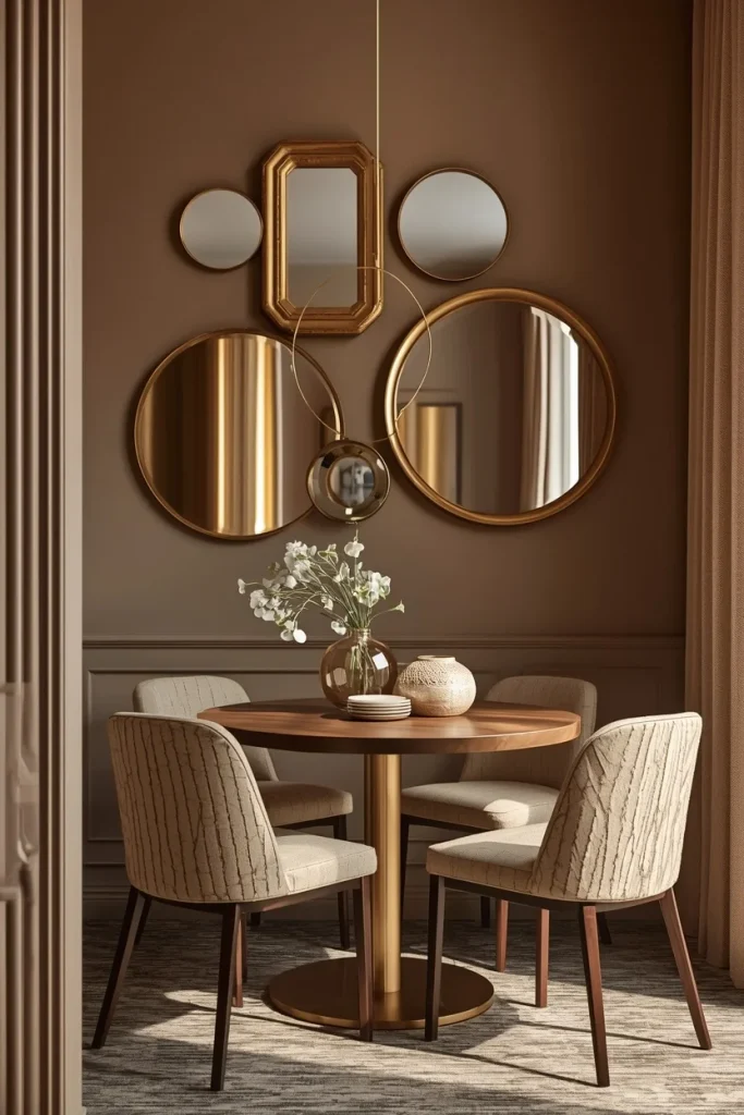 Small dining room decorated with brass-framed mirrors