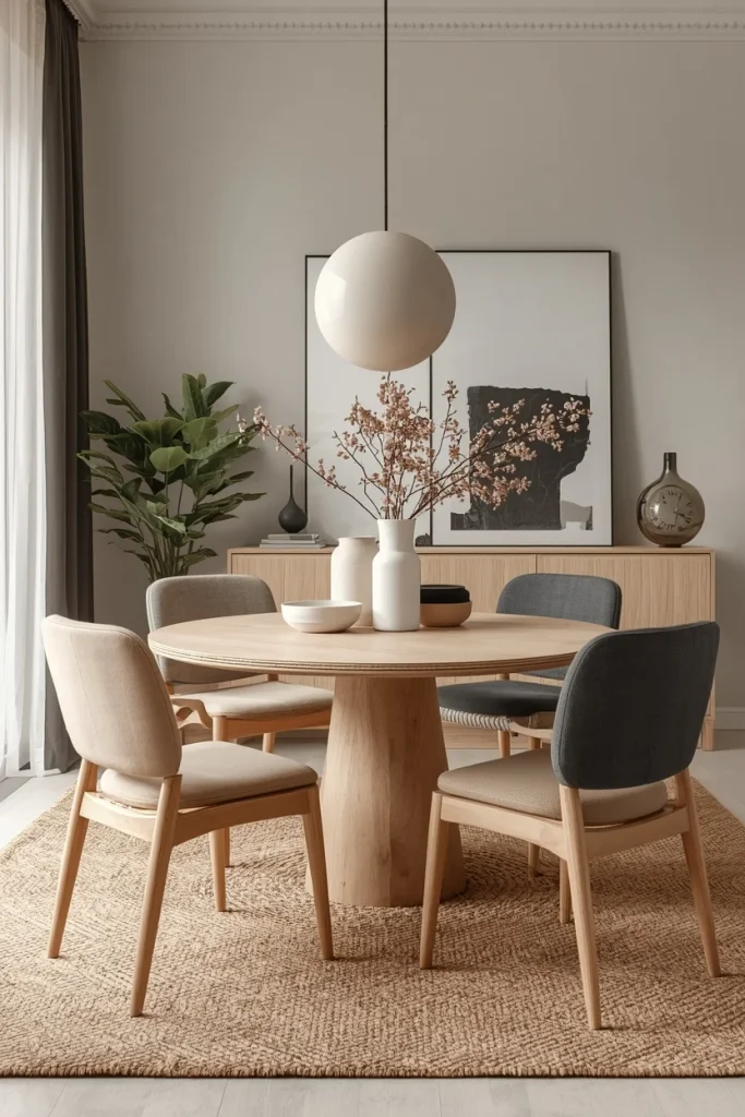 Small dining room with mixed wood and upholstered dining chairs