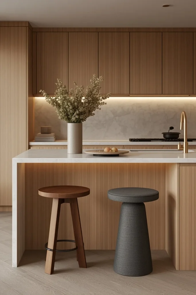 Mixed-height stools create layered kitchen island seating