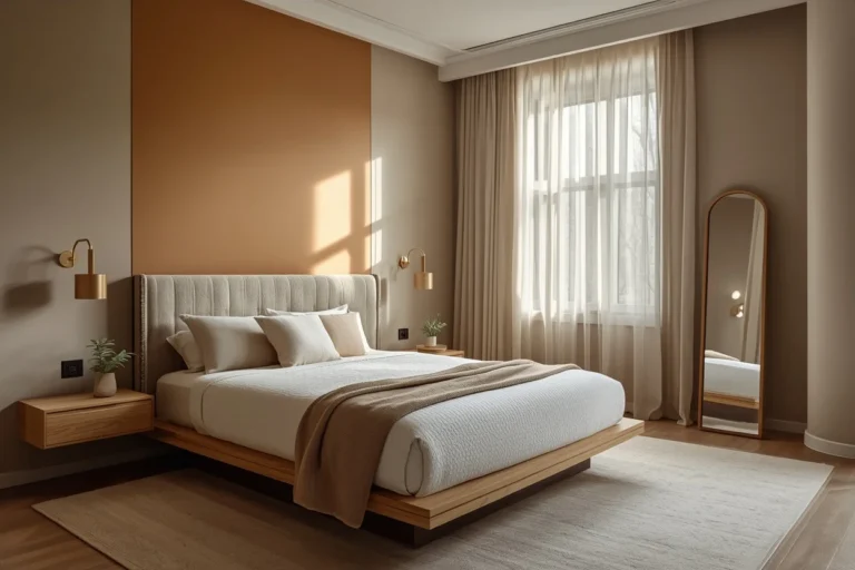 Modern apartment bedroom with simple furniture and spacious styling