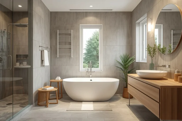 Modern bathroom with warm neutral tones and stylish fixtures