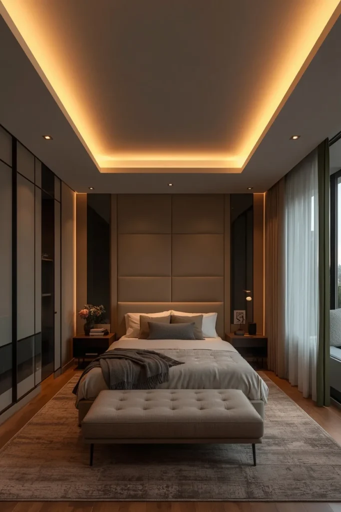 Warm recessed lights illuminating a modern luxury bedroom