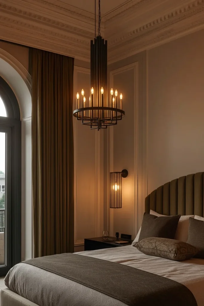 Elegant statement chandelier above a stylish modern bedroom