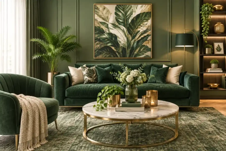 Modern green living room with elegant luxury furniture