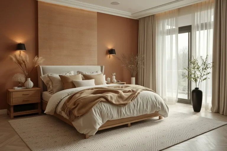 Modern hygge bedroom with soft textures and warm lighting