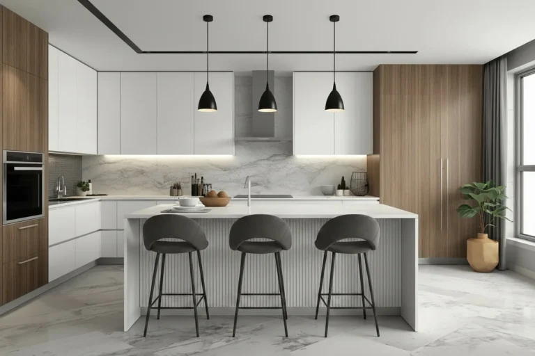 Modern kitchen with stylish cabinets, island, lighting, and storage