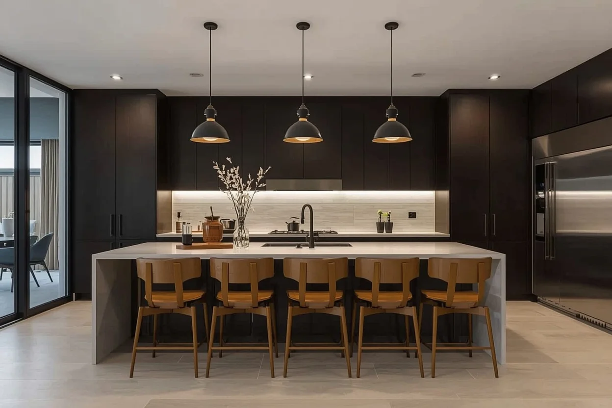 Modern kitchen with warm layered lighting and pendant lights