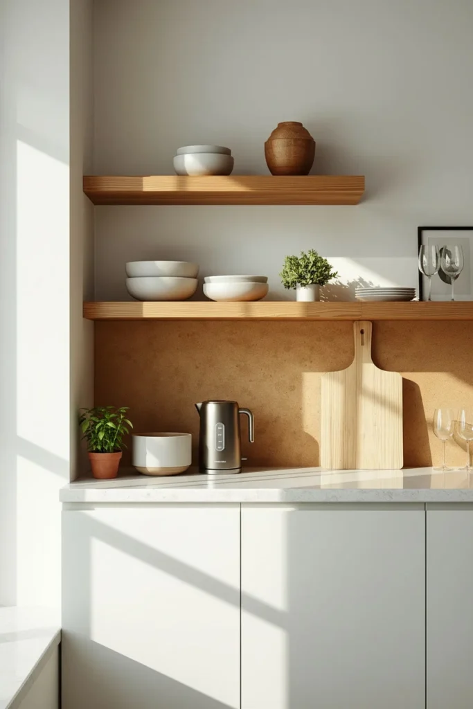 Open wood shelves styled with bowls, cutting boards, and a small plant