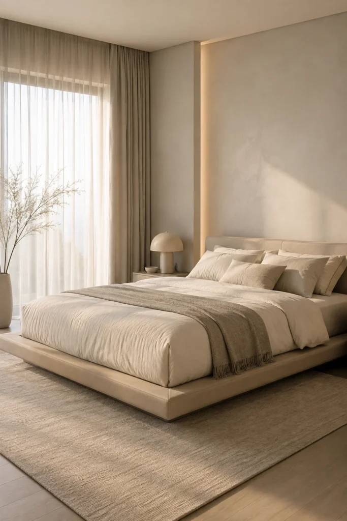 Modern bedroom with a low platform bed and clean minimalist frame