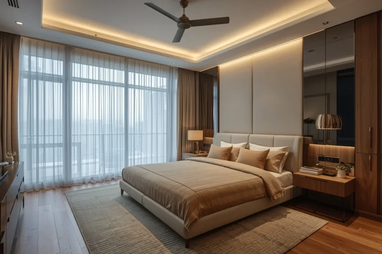 Modern luxury bedroom featuring warm layered lighting design