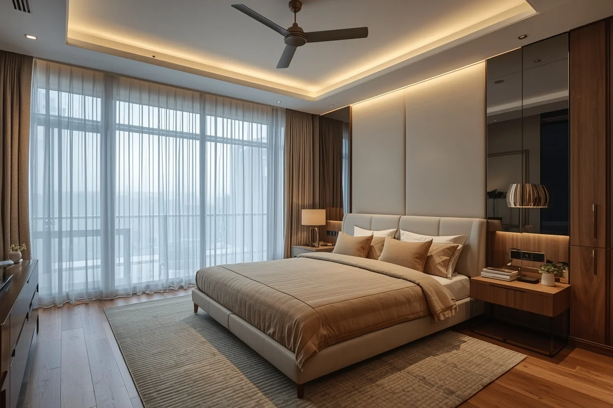 Modern luxury bedroom featuring warm layered lighting design
