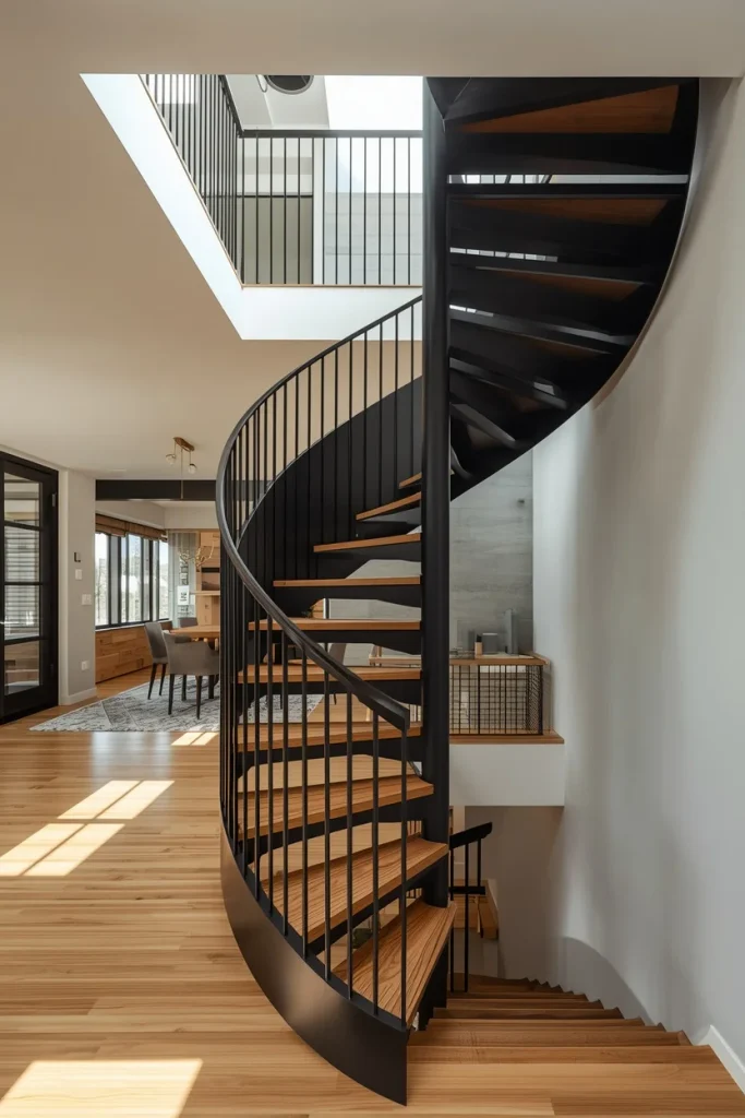 Slim modern black spiral staircase with warm wooden treads
