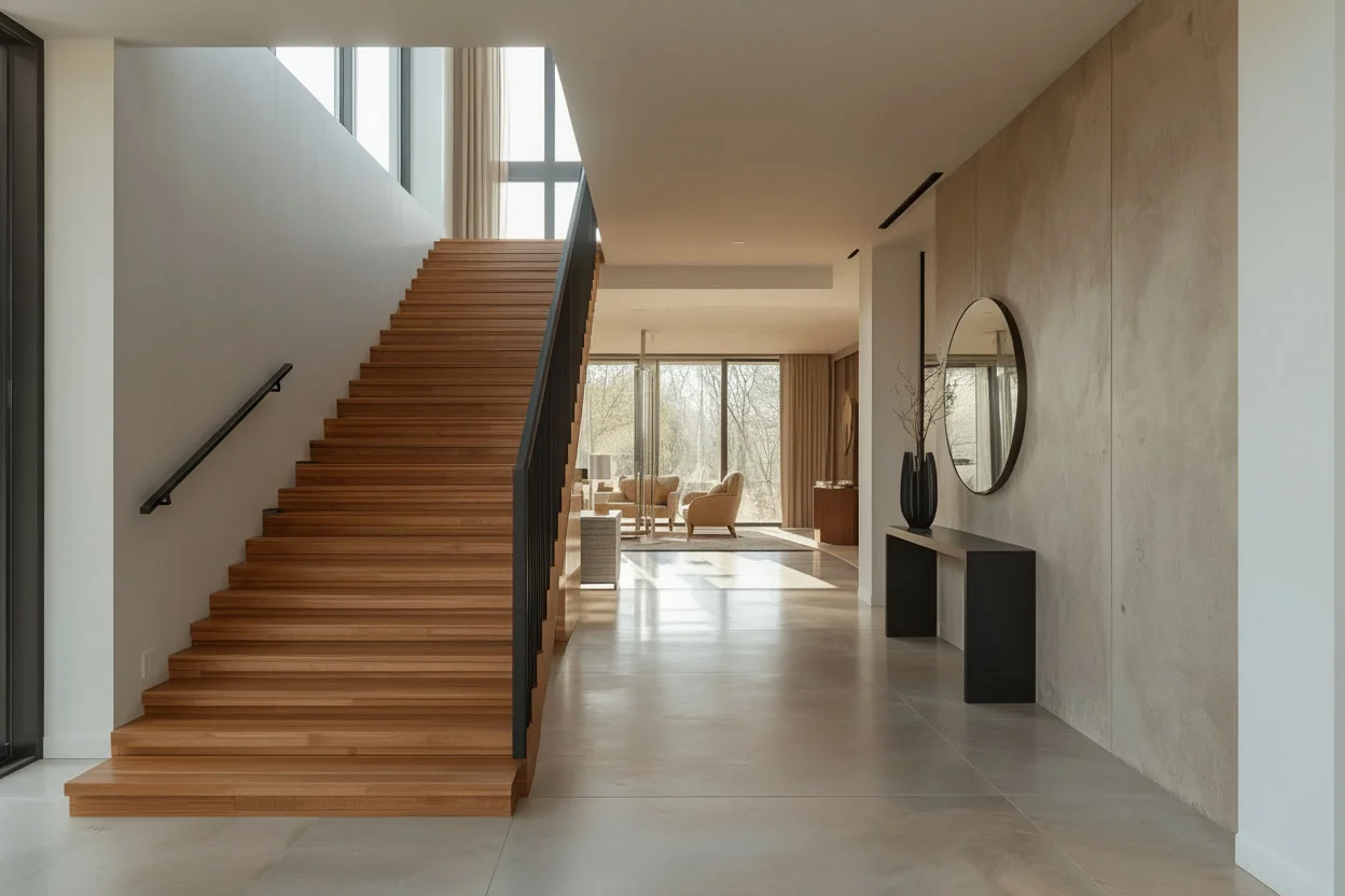 Modern oak staircase with slim matte black steel railing and skylight