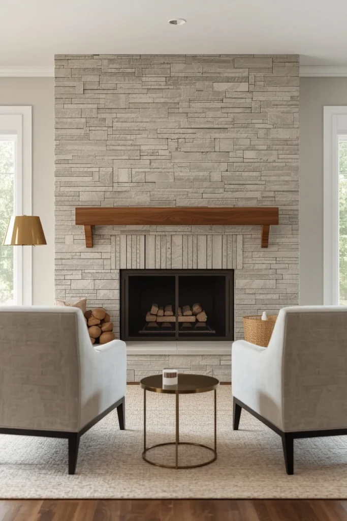 Modern farmhouse stone fireplace with wood mantel and neutral decor