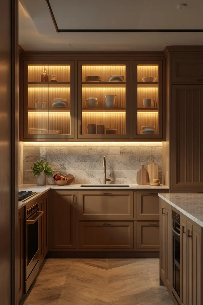 Mushroom lower cabinets with ribbed glass upper cabinets