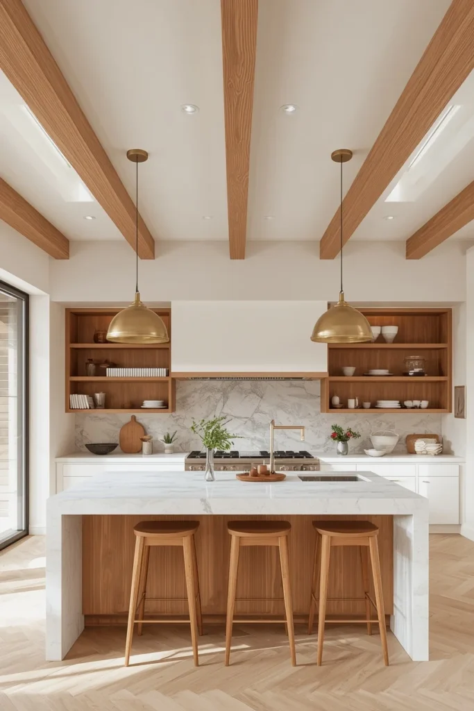 Natural oak beam ceiling in modern kitchen