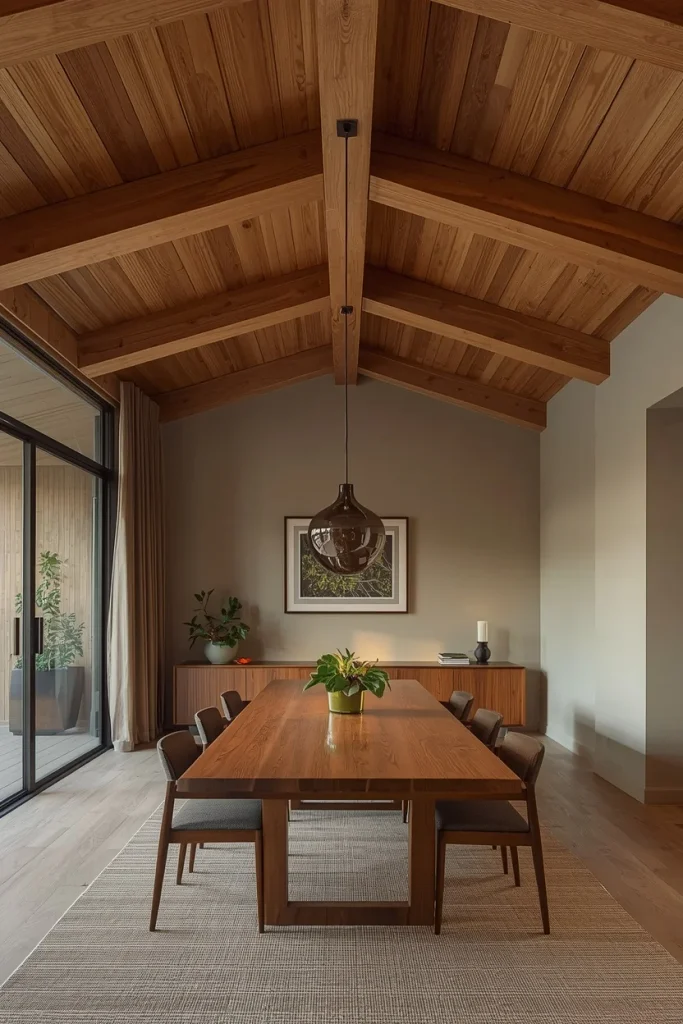 Natural oak beams across elegant dining room ceiling