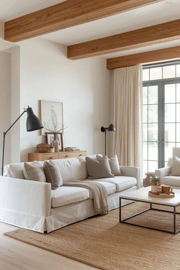 Natural wood beams frame elegant tray ceiling beautifully.