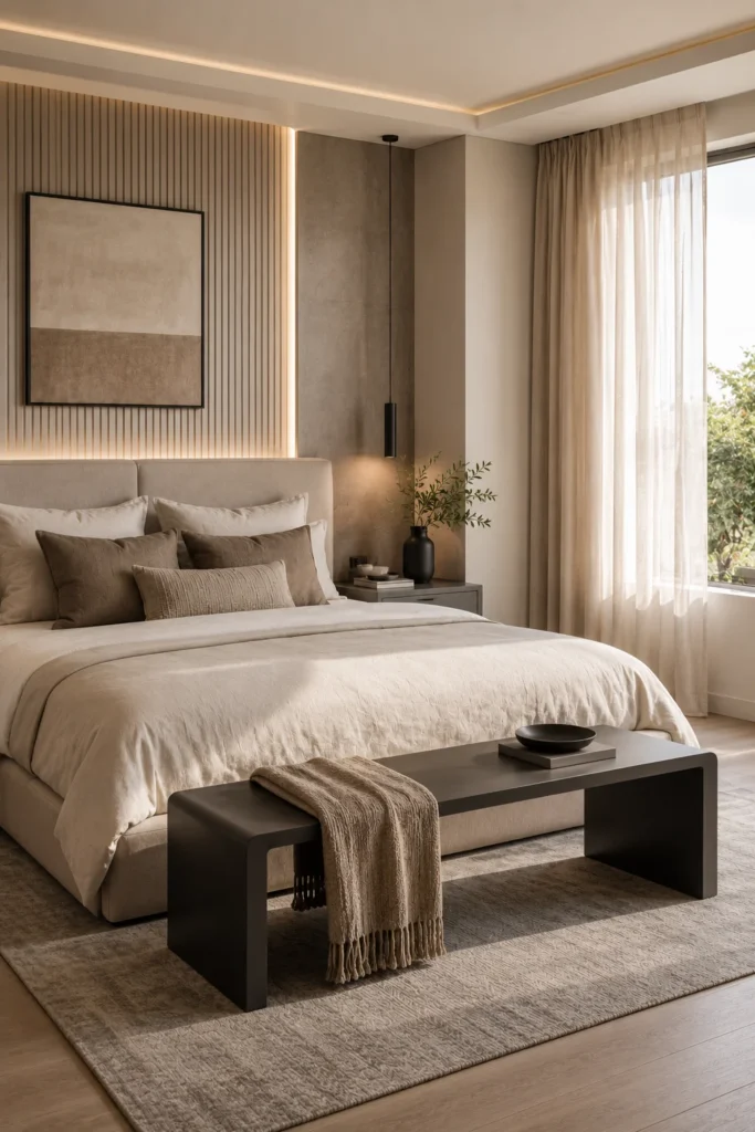 Modern bedroom styled with wood furniture and linen curtains