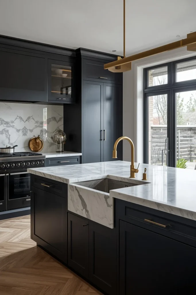 Navy-black cabinets with a marble waterfall countertop
