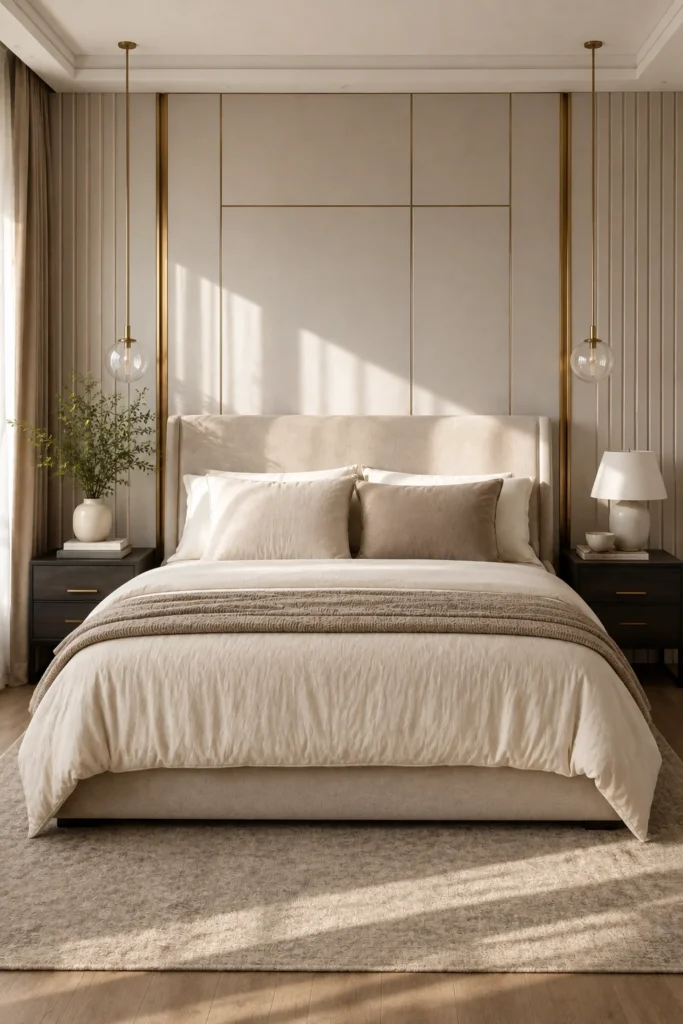 Neutral layered bedding with linen textures in a modern luxury bedroom