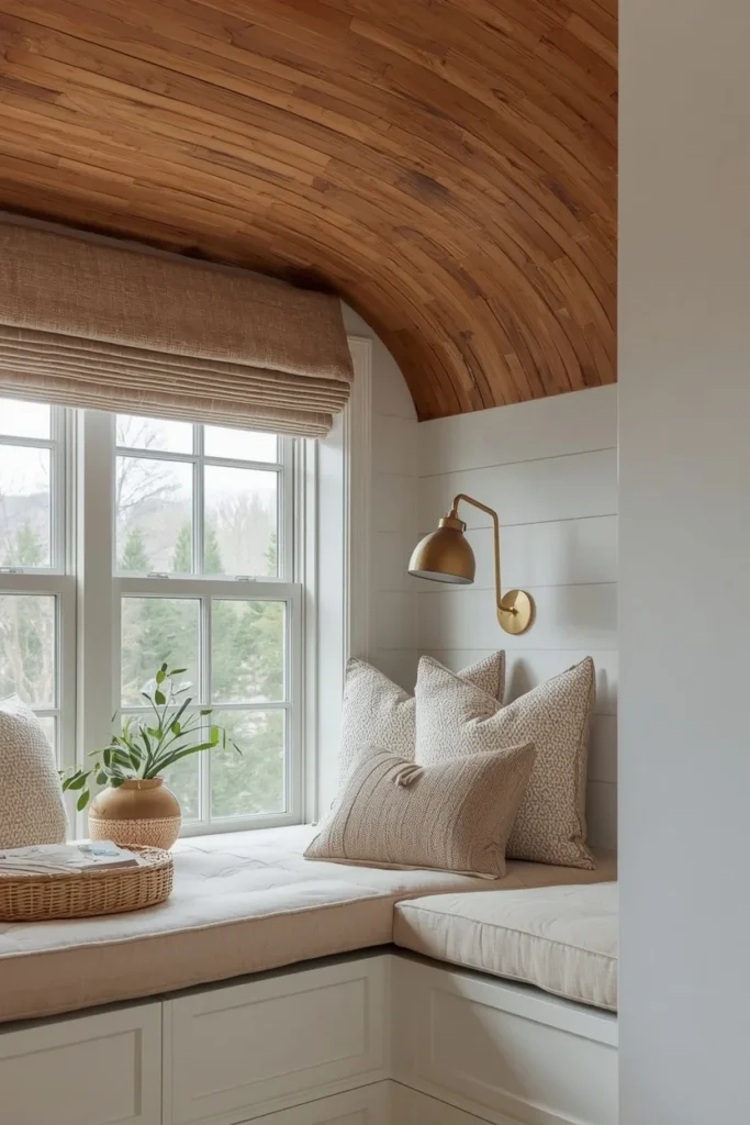 Oak slat ceiling above stylish reading nook