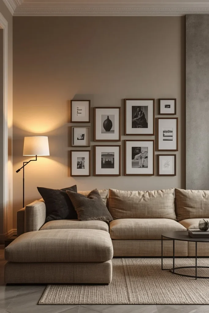 Off-center gallery wall arranged beside a sofa in a modern living room