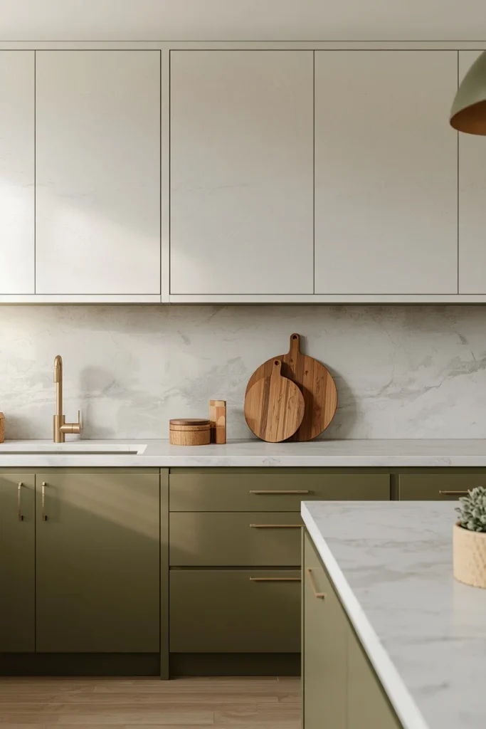 Olive green lowers with limewash white upper cabinets