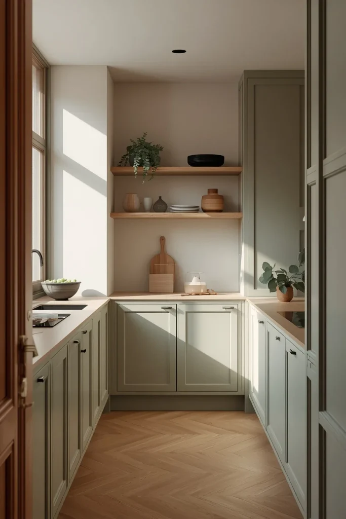 Open wooden shelves on one galley kitchen wall