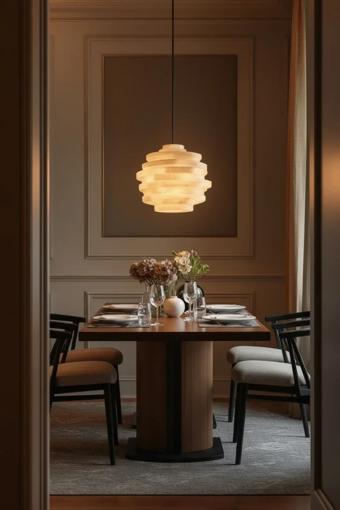 Small dining room with a stylish pendant light above a round table
