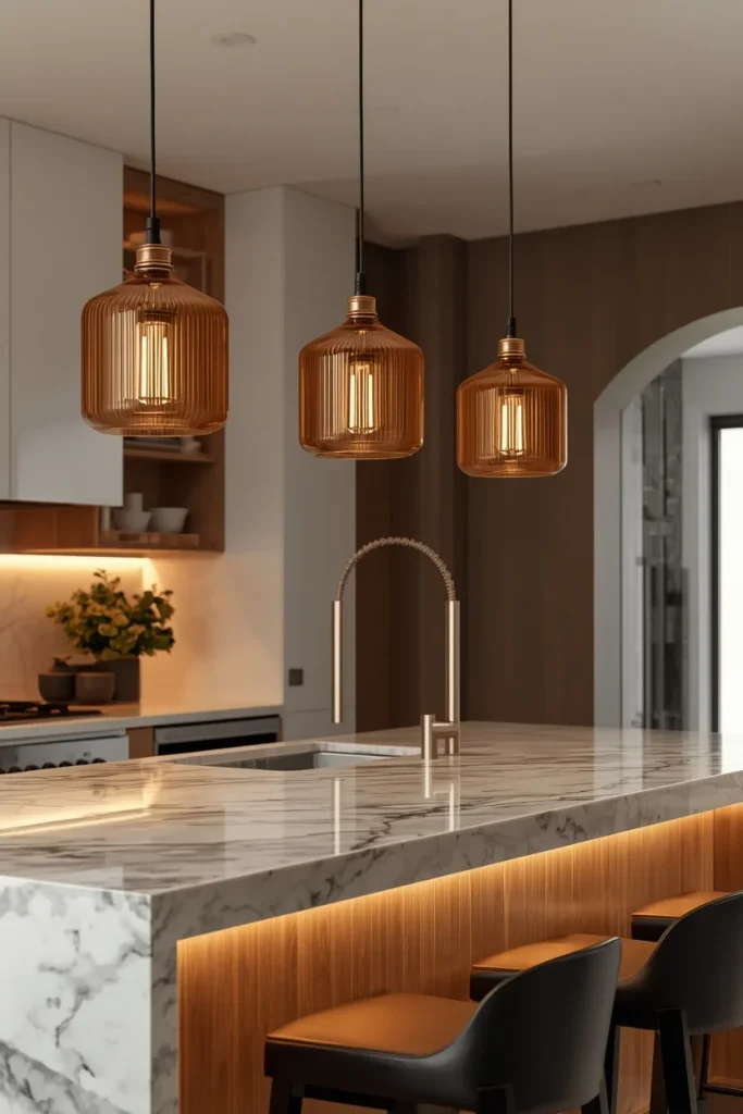 Pendant lights hanging above a modern kitchen island