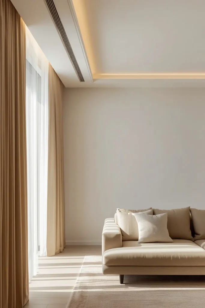Perimeter ceiling concealing curtains, ducts, and wiring neatly. 