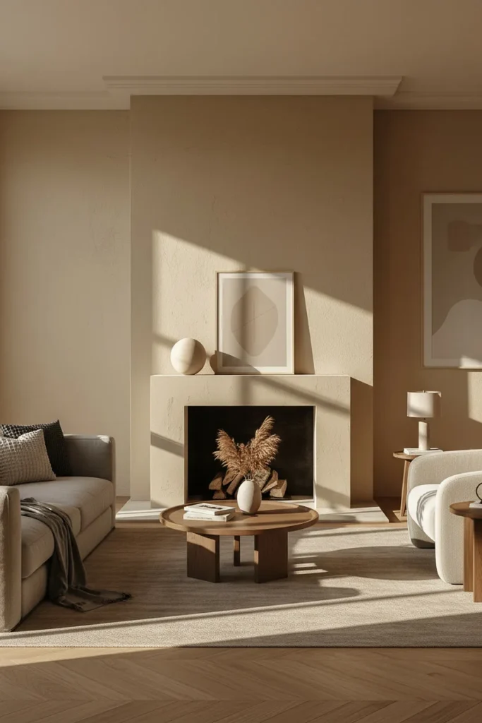 Textured plaster fireplace wall adding cozy neutral character.