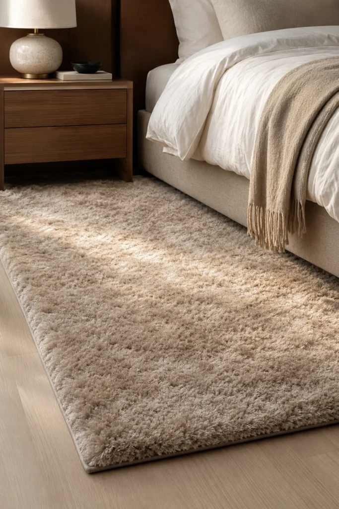 Soft neutral area rug placed under a modern platform bed