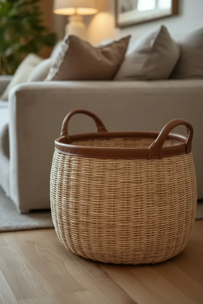 Woven rattan basket beside sofa in farmhouse living room