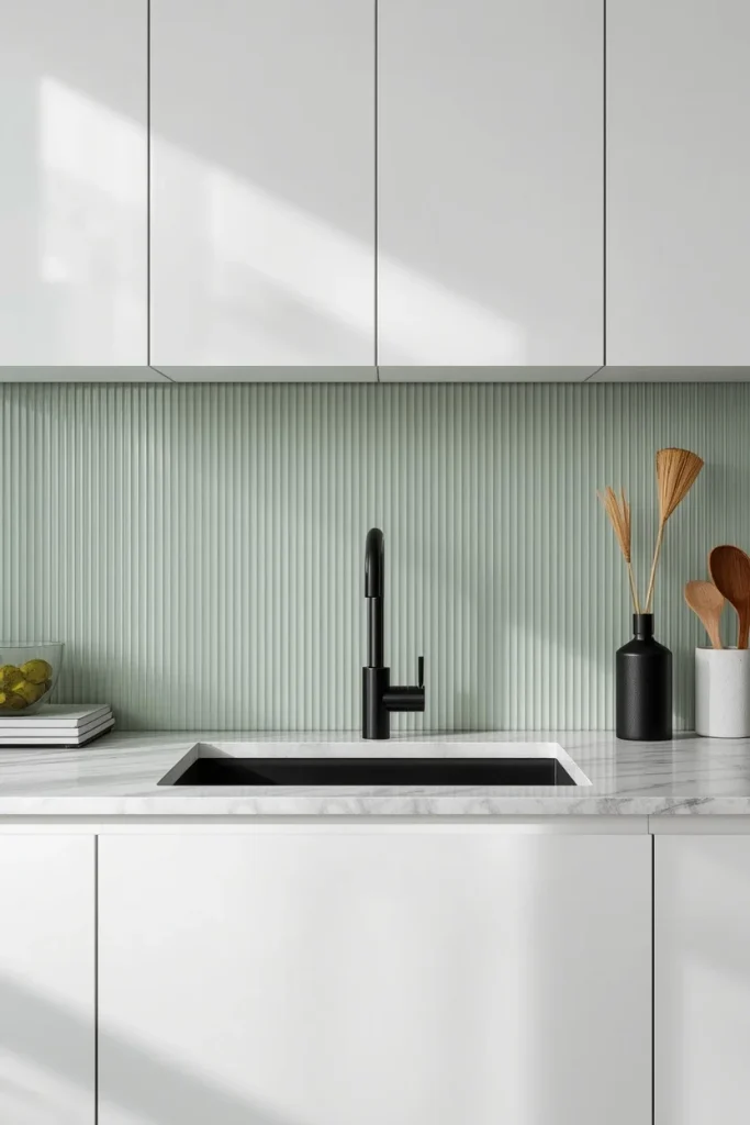 Ribbed glass backsplash tile with white cabinets